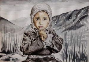 Dessin portrait d'Elise, petite fille d'après photo de phil-borges