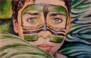 Dessin portrait d'un jeune garcon au visage peint