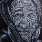 Dessin portrait du vieil homme SDF a la capuche