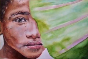 Dessin portrait d'un garçon thaïlandais derrière une feuille