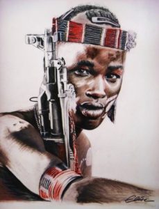 Dessin portrait d'un jeune homme éthiopien avec son fusil
