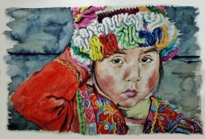 Dessin portrait d'une petite fille péruvienne au chapeau multicolore