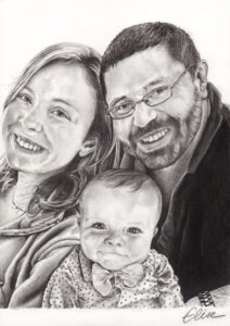 Portrait dessin d'après photo de famille, parents et bébé