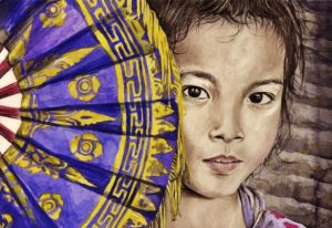 Portrait dessin d'une petite fille de bali à l'éventail