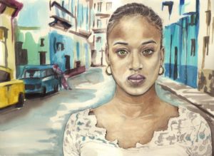 Portrait dessin d'une jeune fille cubaine aux yeux verts