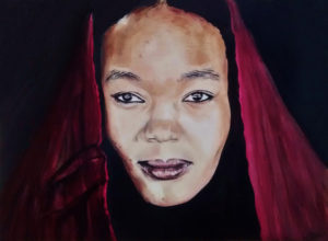 Portrait dessin d'une jeune femme libyenne au voile rouge