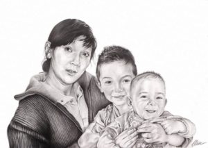 portrait-dessin-d'après-photo-famille-grand-mère-avec-ses-petits-enfants