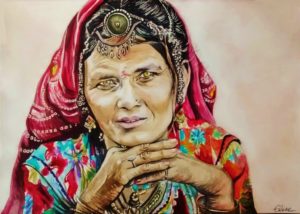 Portrait dessin d'une femme indienne au sari rouge