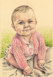 Portrait dessin d'après photo d'une petite fille assise dans l'herbe