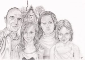 Portrait dessin d'après photo d'une famille devant une cabane en bois