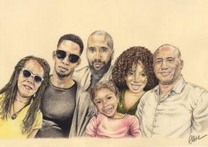 Portrait dessin d'après photo d'une famille nombreuse en couleur