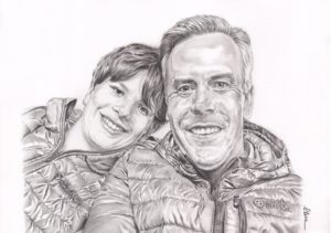 Portrait dessin d'après photo d'un père et de son fils en doudounes