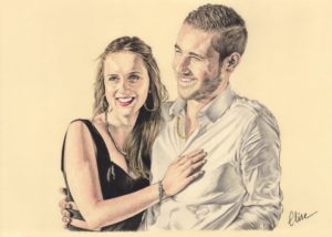 Portrait dessin d'après photo d'un jeune couple souriant en couleur