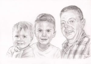 Portrait dessin d'après photo d'un grand père avec ses deux petits fils