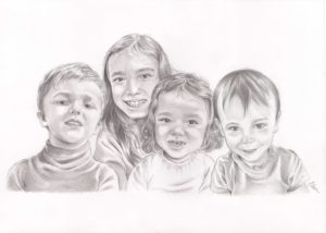 Portrait dessin d'après photos de cousins cousines en noir et blanc
