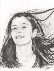 Portrait dessin d'après photo d'une femme brune en noir et blanc