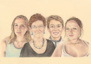 Portrait dessin d'après photo d'une grand-mère et ses petits-enfants