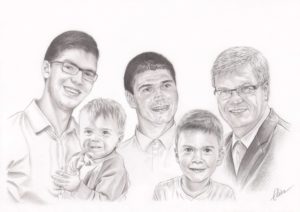 Portrait dessin d'après photo d'un grand-père avec son fils et ses petits-fils