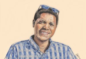 Portrait dessin d'après photo d'un jeune homme souriant avec des lunettes de soleil