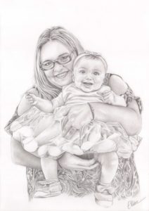 Portrait dessin d'après photo d'une mère et sa fille en robe de baptême