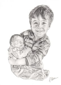 Portrait dessin d'après photo d'un petit garçon avec un bébé