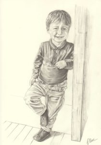 Portrait dessin d'après photo d'un petit garçon en entier noir et blanc