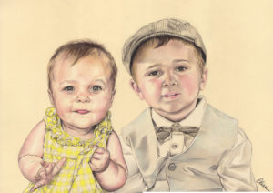 Portrait dessin d'après photo d'un petit garçon et sa petite sœur en couleur