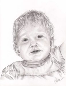 Portrait dessin d'après photo d'une petite fille en robe noir et blanc