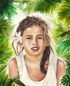 Portrait dessin d'une petite fille de Bora Bora à la fleur de Tiaré