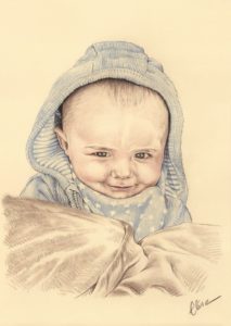 Portrait dessin d'après photo d'un bébé avec une capuche