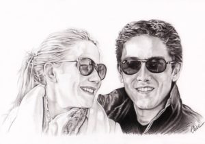 Portrait dessin d'après photo d'un couple avec des lunettes de soleil