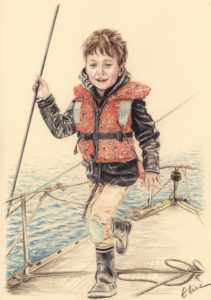 Portrait dessiné au crayon de couleur d'un petit garçon sur un bateau