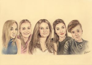 Portrait dessin d'après photo d'une famille avec cinq sœurs en couleur