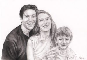 Portrait dessin d'après photo d'une famille heureuse en noir et blanc