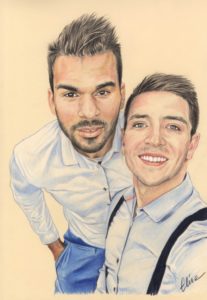 Portrait dessin d'après photo d'un jeune couple en chemise