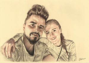 Portrait dessin d'après photo d'un jeune couple souriant