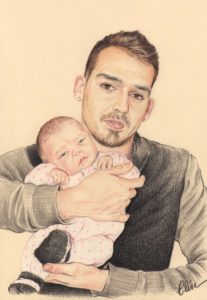 Portrait dessin d'après photo d'un jeune papa avec son bébé