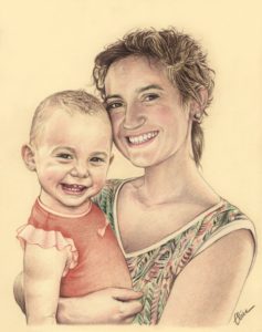 Portrait dessin d'après photo d'une mère avec son bébé