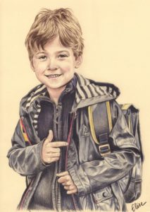 Portrait dessin d'après photo d'un petit garçon en ciré avec son cartable