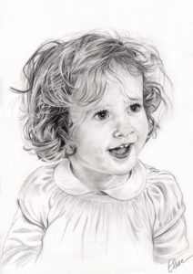 Portrait dessin d'après photo d'une petite fille aux cheveux bouclés en noir et blanc