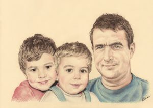Portrait dessin d'après photo d'un père avec ses deux fils