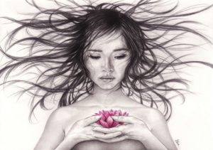 Portrait dessin d'Asie : la "Jeune fille à la fleur de lotus"