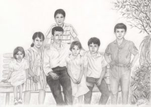 Portrait dessin d'après photo ancienne d'une famille de Bagdad