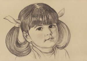 Portrait dessin d'après une ancienne photo d'une petite fille avec des couettes