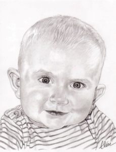 Portrait dessin d'après la photo d'un bébé en noir et blanc