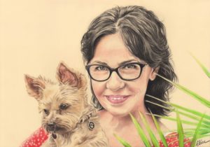 Portrait dessin d'après photo d'un chien yorkshire avec sa maîtresse