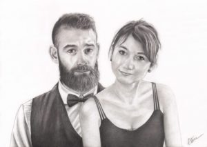 Portrait dessin d'après photo d'un couple en habits de soirée