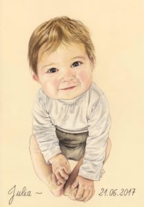 Portrait dessin d'après la photo de baptême d'un bébé souriant