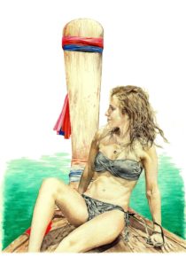 Dessin portrait d'après une photo de vacances d'une jeune femme sur une gondole