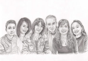Portrait dessin d'après photo d'une famille réunie en noir et blanc